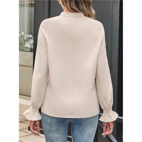 Women’s Chiffon Button Down Blouse | Mandarin Collar Pleated Tunic Top - Picture 4 of 6